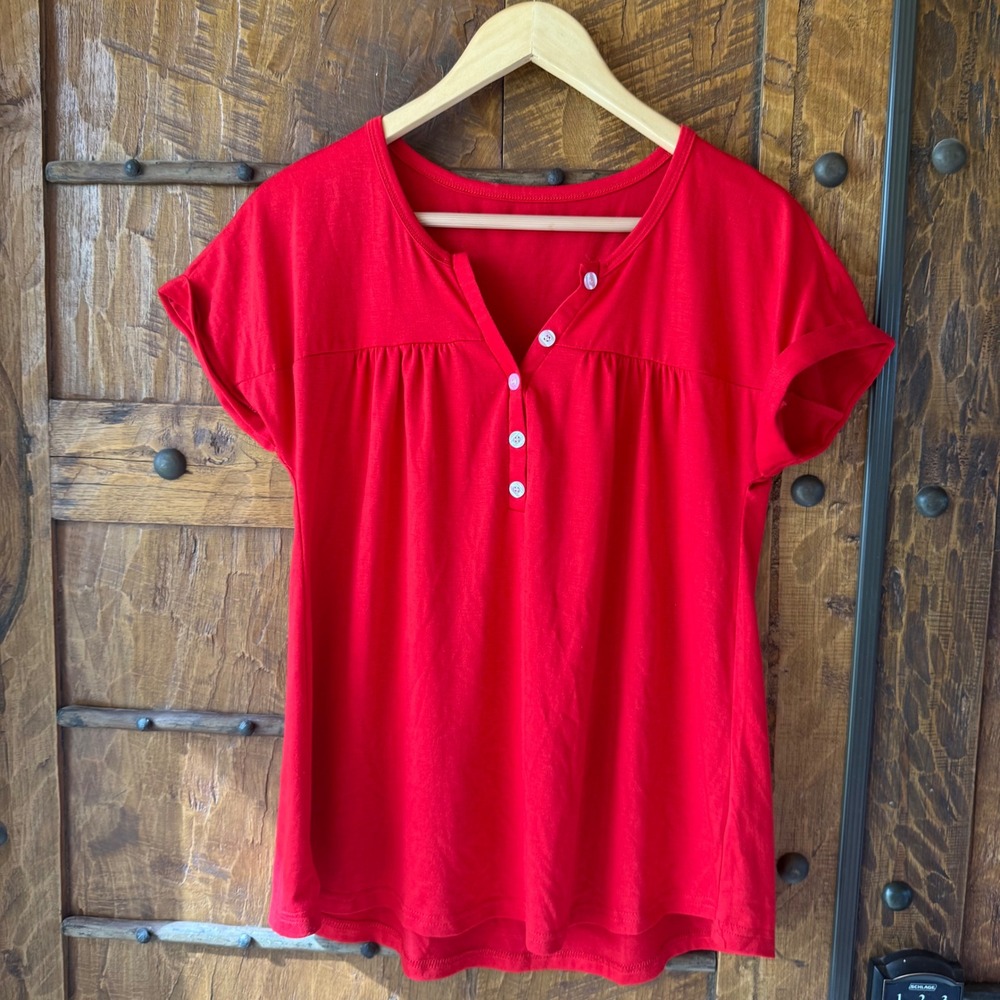 SHEIN Henley Top Women Small Red Short Sleeve Cuffed Button Babydoll Blouse